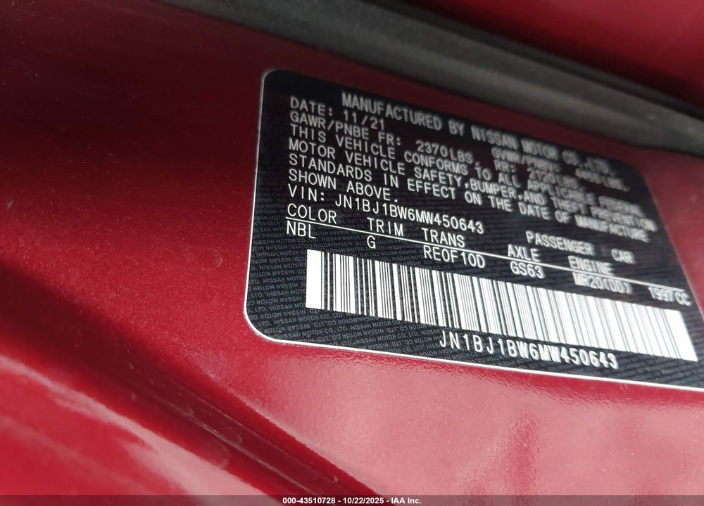 2021 NISSAN ROGUE SPORT VIN: JN1BJ1BW6MW450643