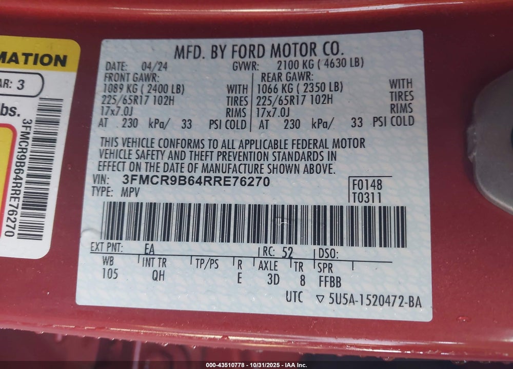 2024 FORD BRONCO SPORT BIG BEND VIN: 3FMCR9B64RRE76270
