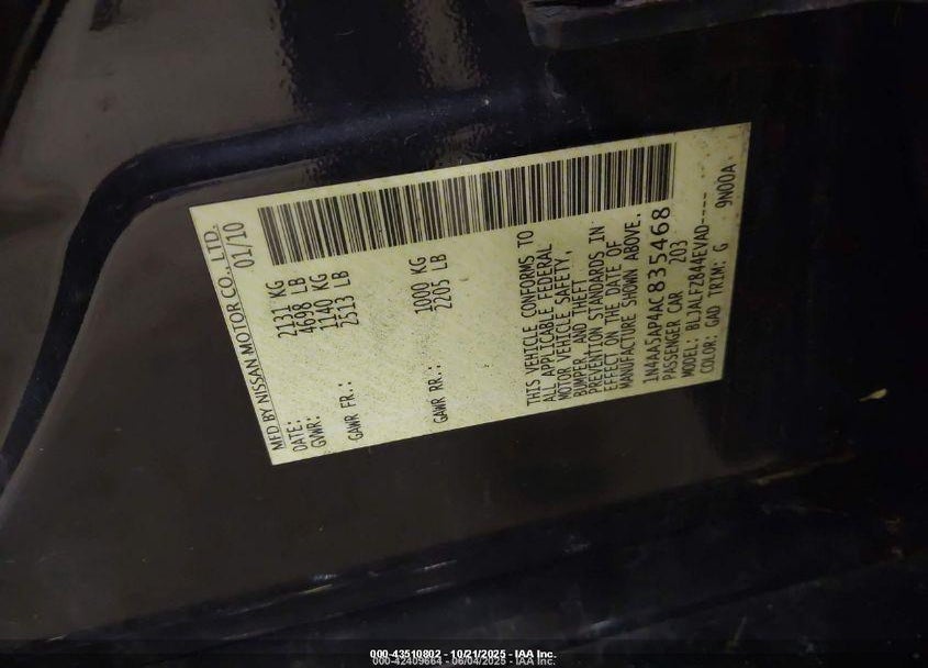 2010 NISSAN MAXIMA VIN: 1N4AA5AP4AC835468