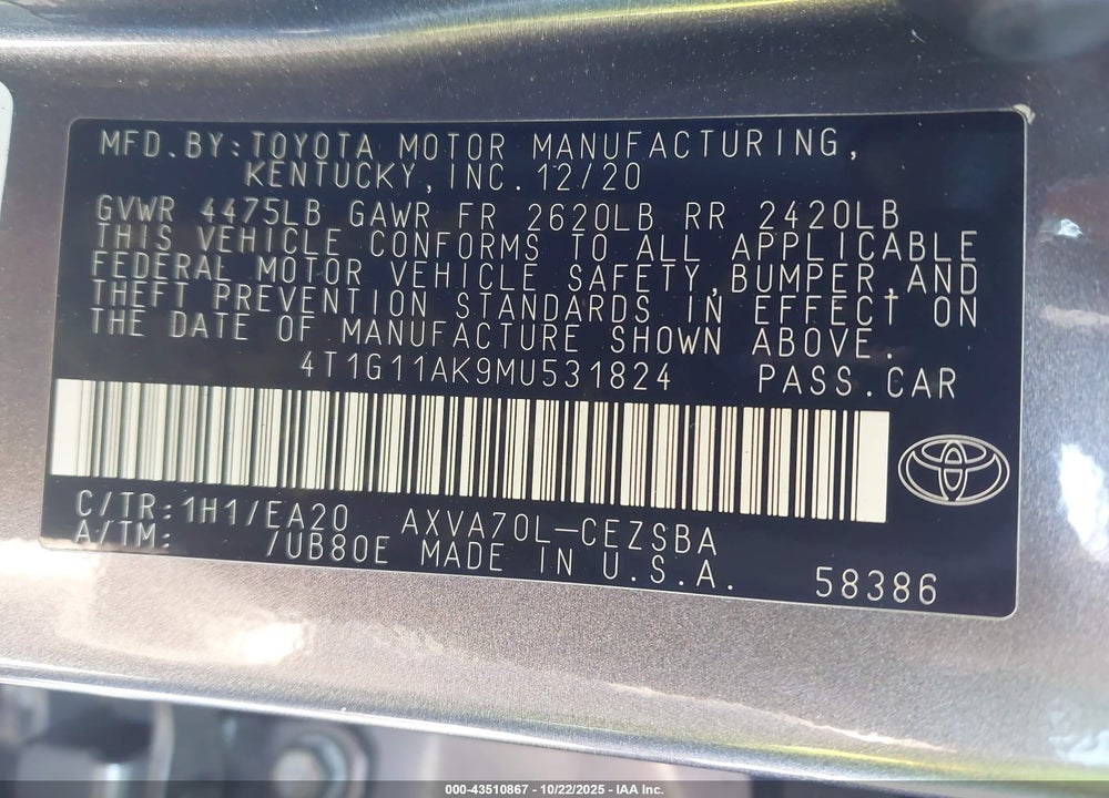 2021 TOYOTA CAMRY SE VIN: 4T1G11AK9MU531824