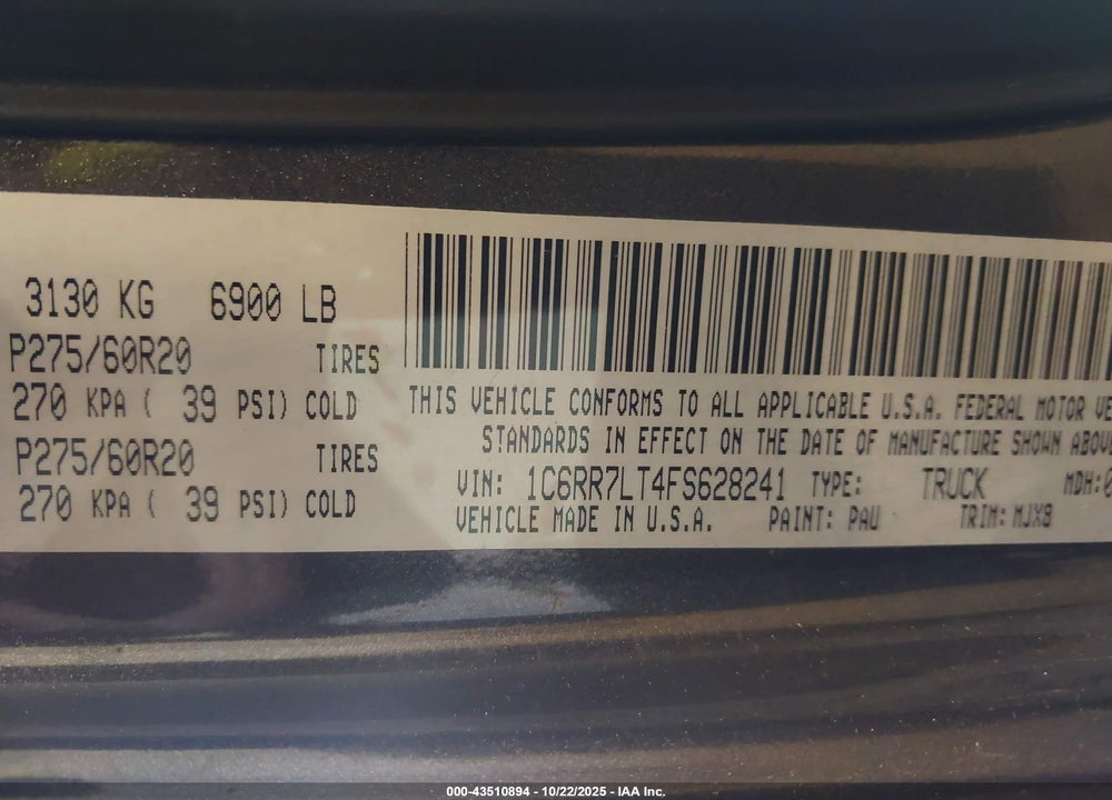 2015 RAM 1500 OUTDOORSMAN VIN: 1C6RR7LT4FS628241