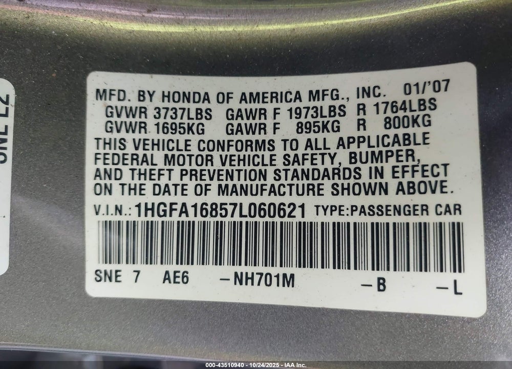 2007 HONDA CIVIC EX VIN: 1HGFA16857L060621