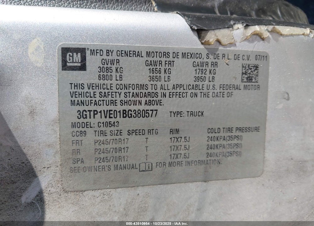 2011 GMC SIERRA 1500 VIN: 3GTP1VE01BG380577