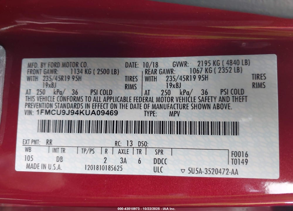 2019 FORD ESCAPE TITANIUM VIN: 1FMCU9J94KUA09469