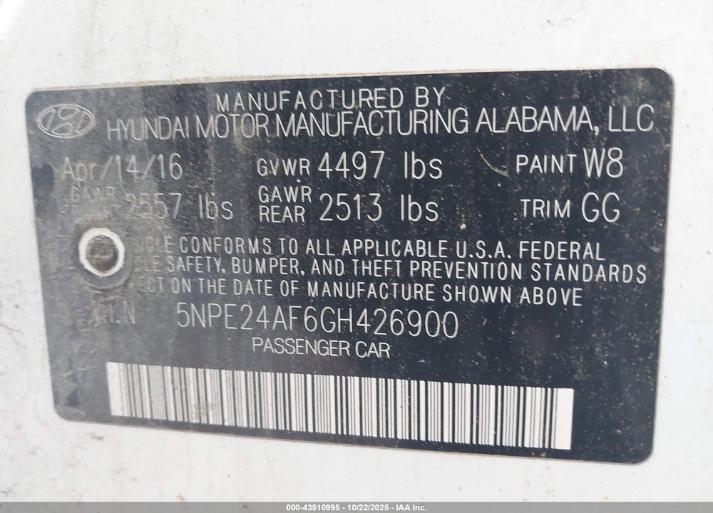 2016 HYUNDAI SONATA VIN: 5NPE24AF6GH426900