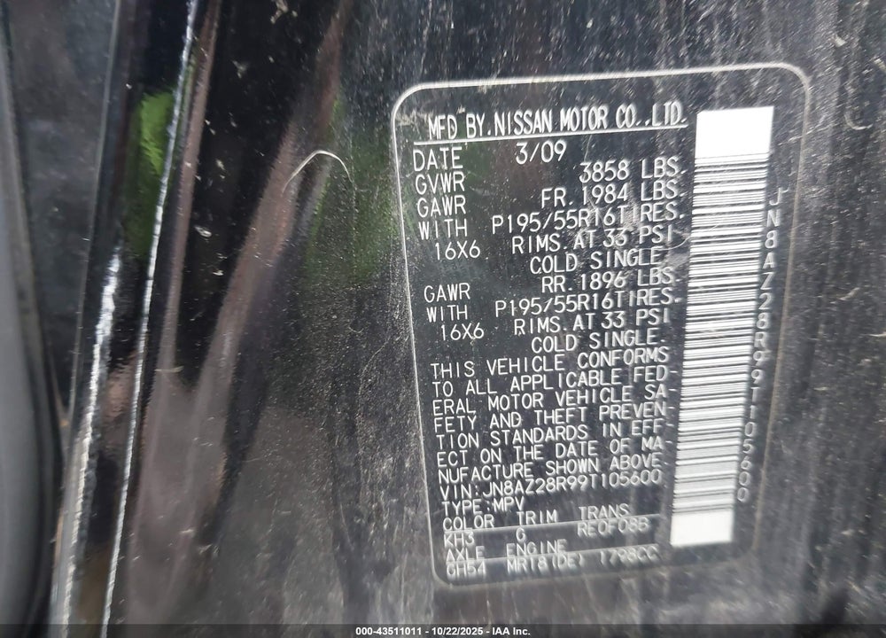 2009 NISSAN CUBE VIN: JN8AZ28R99T105600