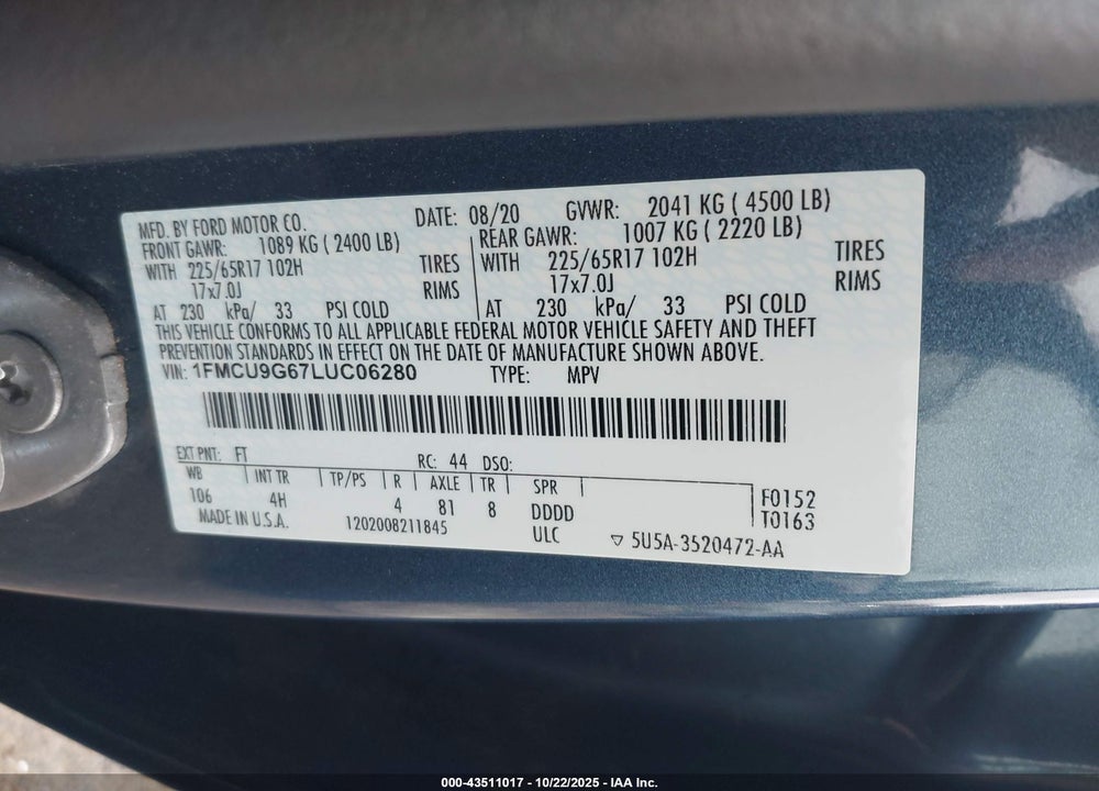 2020 FORD ESCAPE VIN: 1FMCU9G67LUC06280