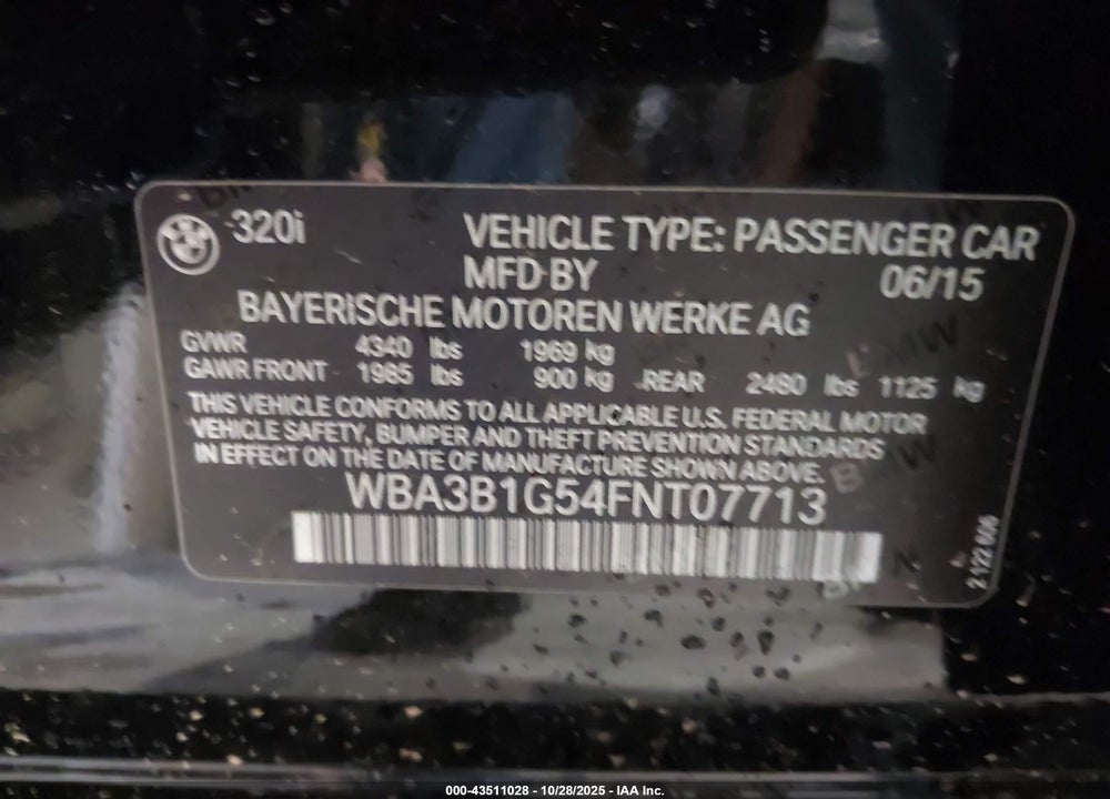 2015 BMW 320I VIN: WBA3B1G54FNT07713