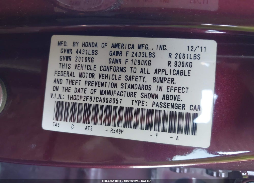 2012 HONDA ACCORD 2.4 EX-L VIN: 1HGCP2F87CA058057