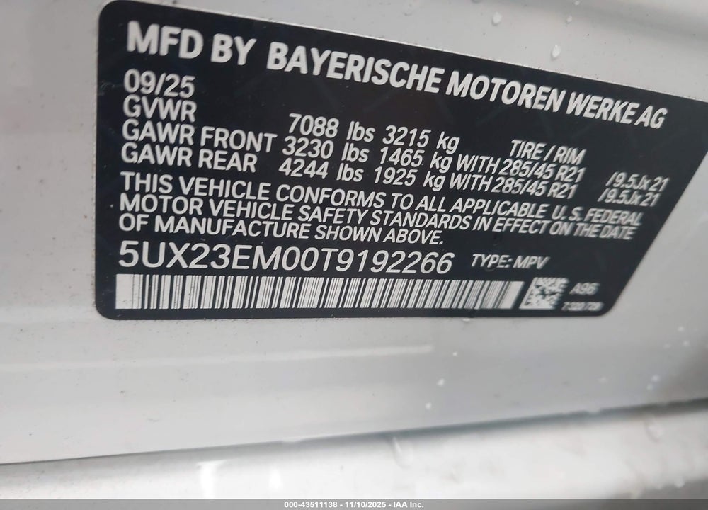 2026 BMW X7 VIN: 5UX23EM00T9192266