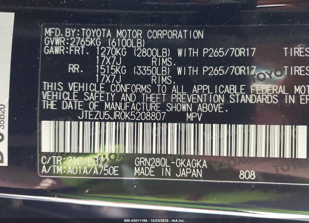 2019 TOYOTA 4RUNNER SR5/LIMITED/LIMITED NIGHT SHADE/SR5 PREMIUM VIN: JTEZU5JR0K5208807