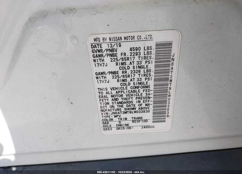 2020 NISSAN ROGUE S FWD VIN: JN8AT2MT9LW033838
