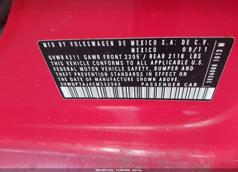 2012 VOLKSWAGEN JETTA VIN: 3VWDP7AJ4CM332969