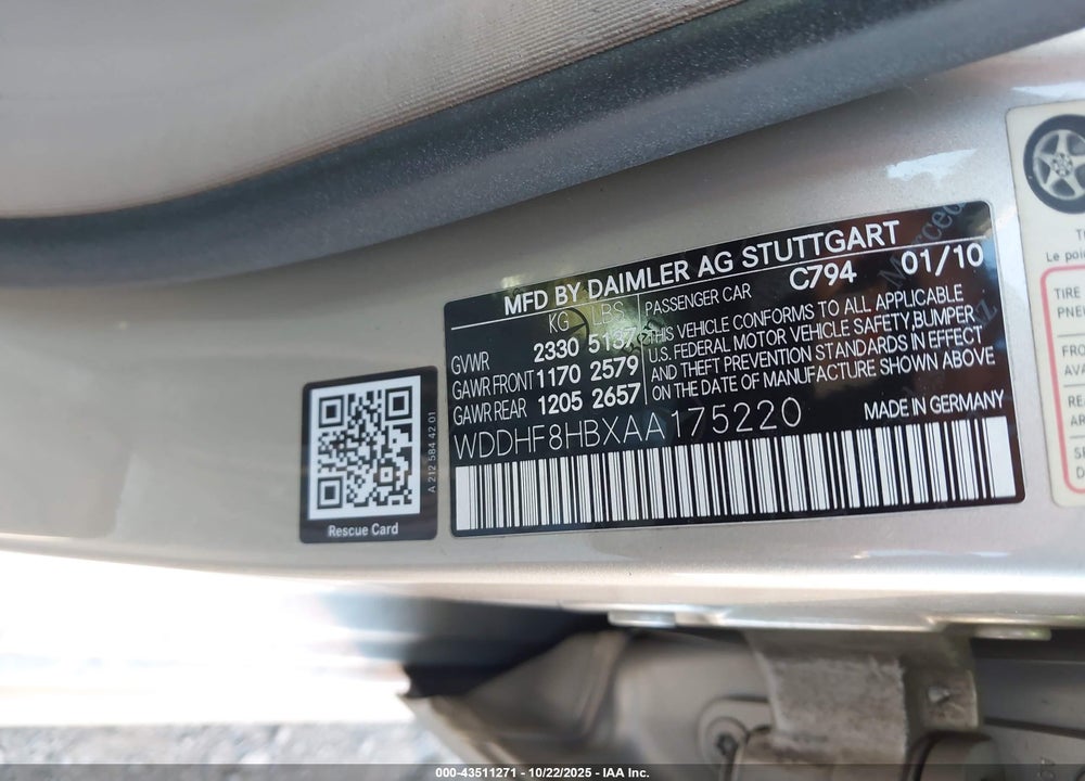 2010 MERCEDES-BENZ E 350 4MATIC VIN: WDDHF8HBXAA175220
