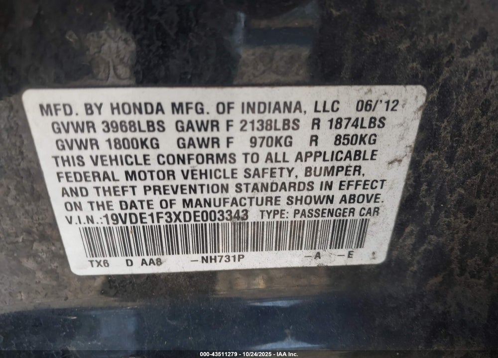 2013 ACURA ILX 2.0L VIN: 19VDE1F3XDE003343