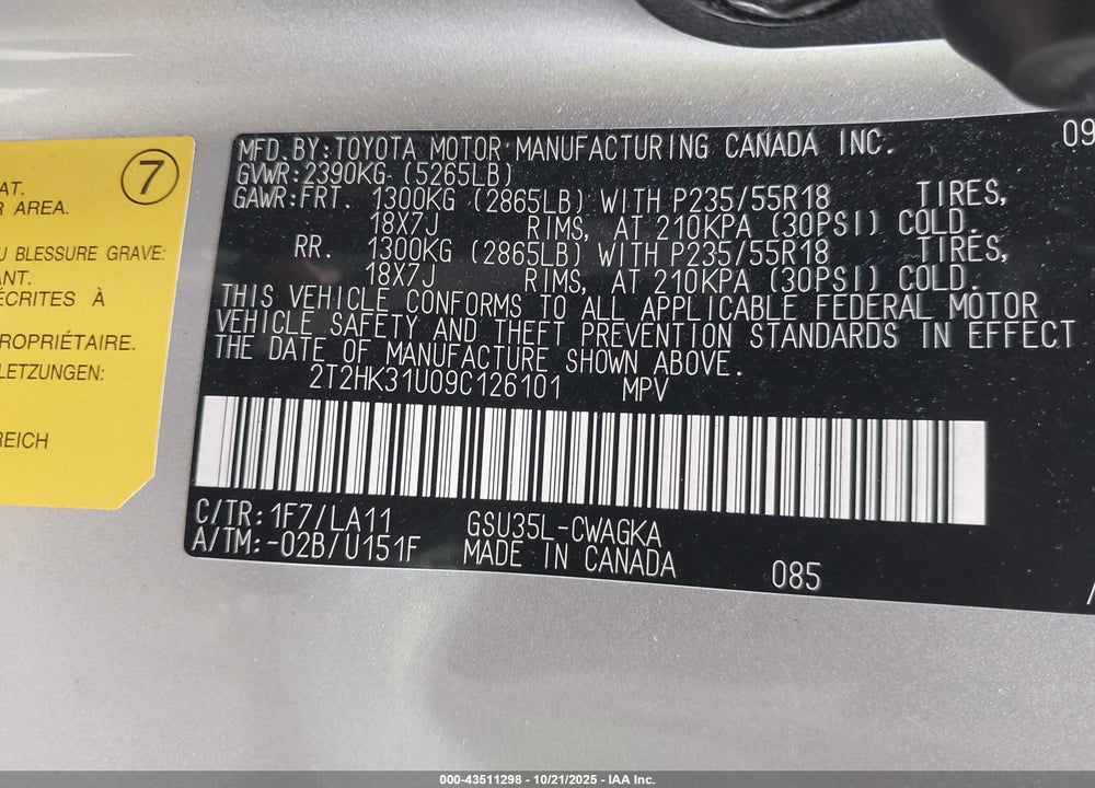 2009 LEXUS RX 350 VIN: 2T2HK31U09C126101