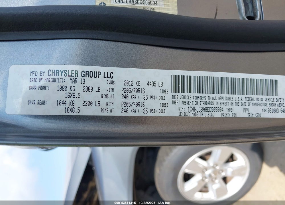 2014 JEEP COMPASS SPORT VIN: 1C4NJCBA8ED505004