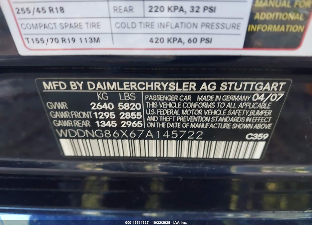 2007 MERCEDES-BENZ S CLASS VIN: WDDNG86X67A145722