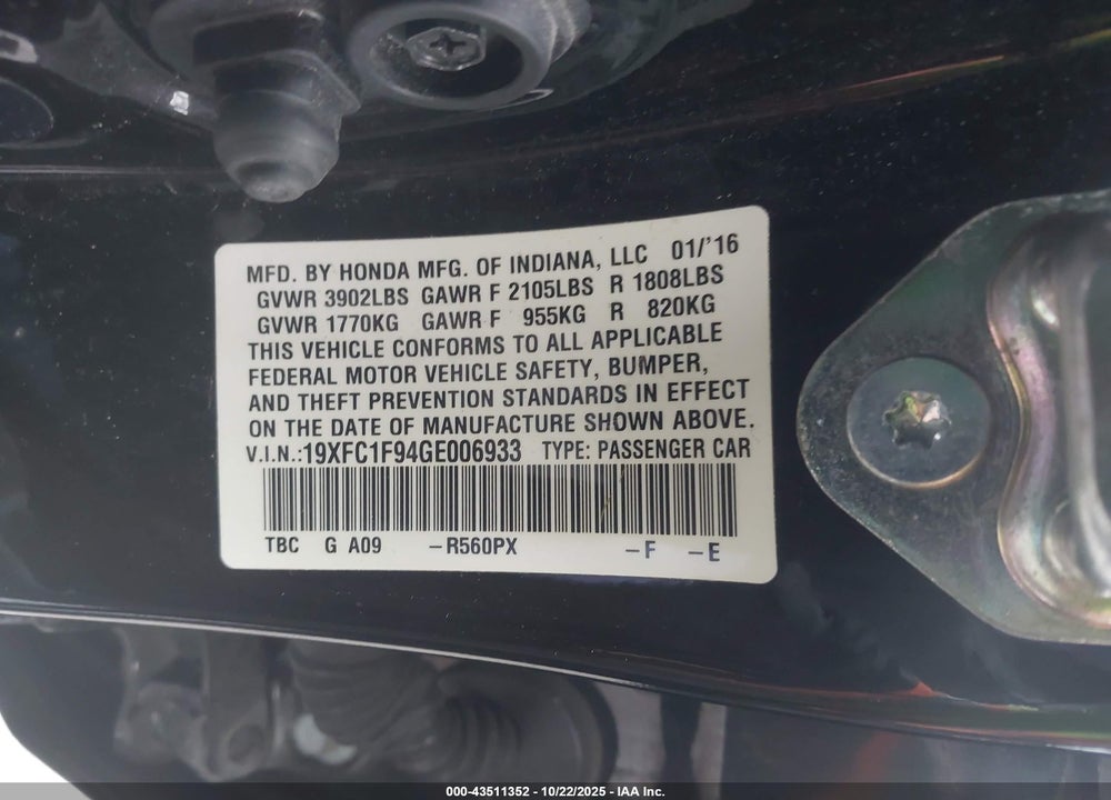 2016 HONDA CIVIC TOURING VIN: 19XFC1F94GE006933