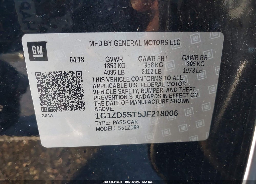 2018 CHEVROLET MALIBU LT VIN: 1G1ZD5ST5JF218006