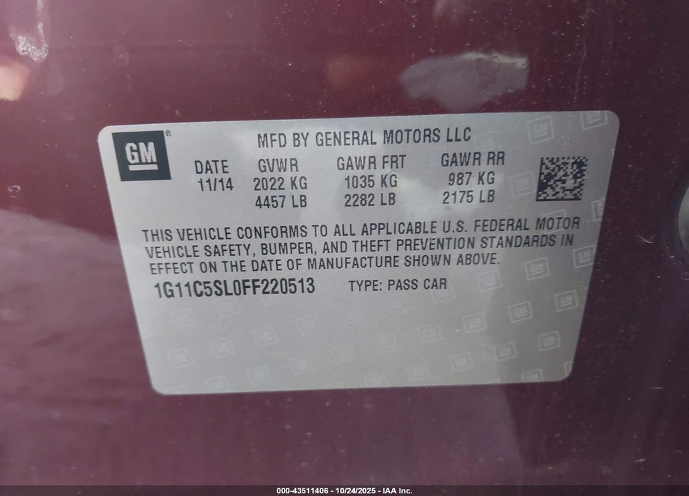 2015 CHEVROLET MALIBU VIN: 1G11C5SL0FF220513
