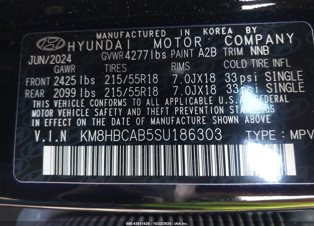 2025 HYUNDAI KONA VIN: KM8HBCAB5SU186303
