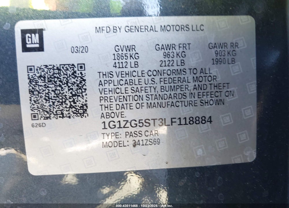 2020 CHEVROLET MALIBU VIN: 1G1ZG5ST3LF118884