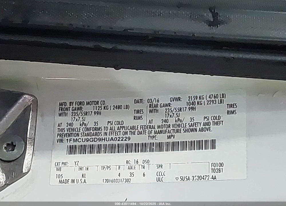 2017 FORD ESCAPE VIN: 1FMCU9GD9HUA02229