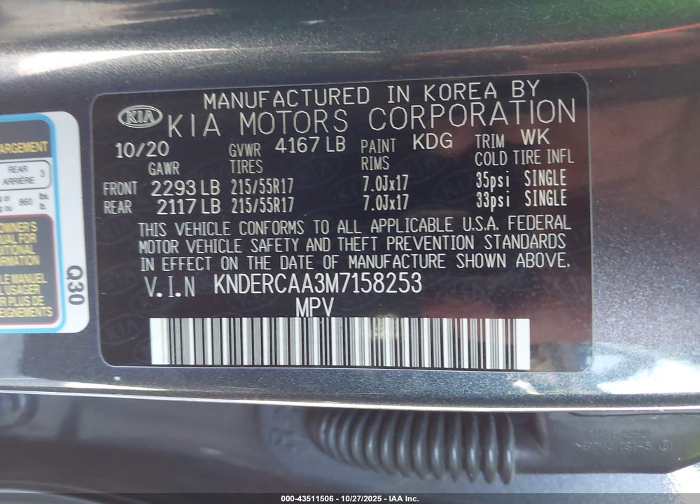 2021 KIA SELTOS EX VIN: KNDERCAA3M7158253