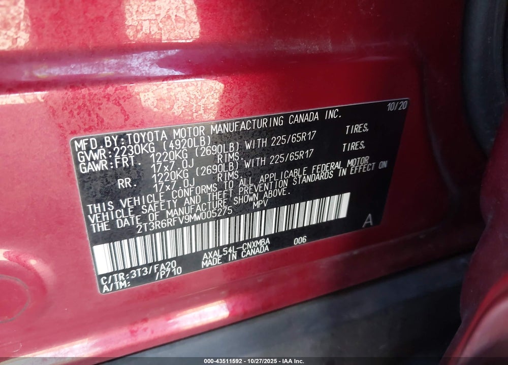 2021 TOYOTA RAV4 HYBRID XLE VIN: 2T3R6RFV9MW005275