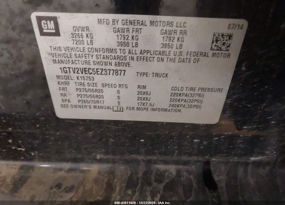 2014 GMC SIERRA 1500 VIN: 1GTV2VEC5EZ377877