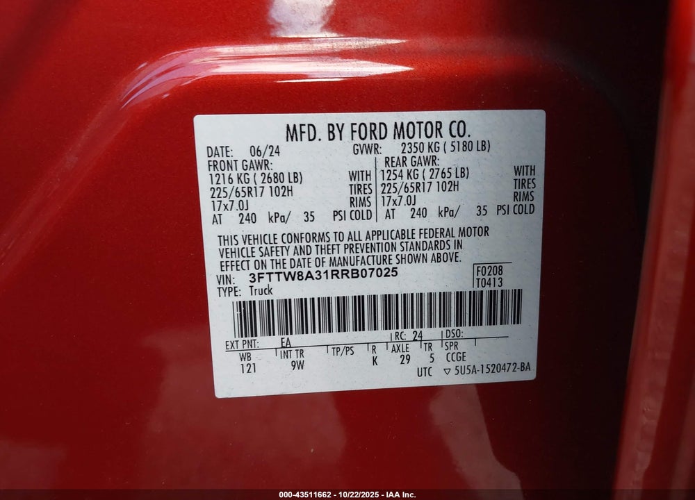 2024 FORD MAVERICK XL VIN: 3FTTW8A31RRB07025