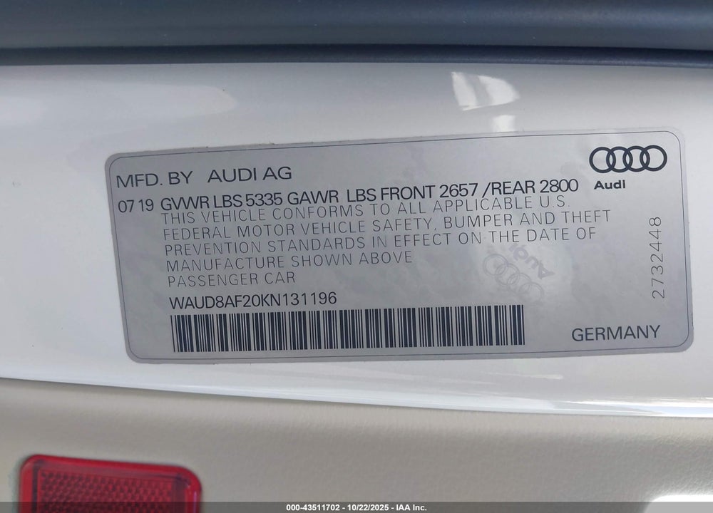 2019 AUDI A6 PREMIUM VIN: WAUD8AF20KN131196