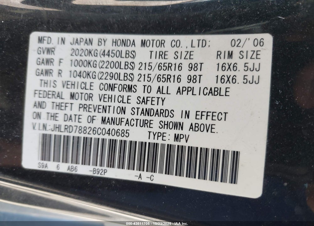 2006 HONDA CR-V EX VIN: JHLRD78826C040685