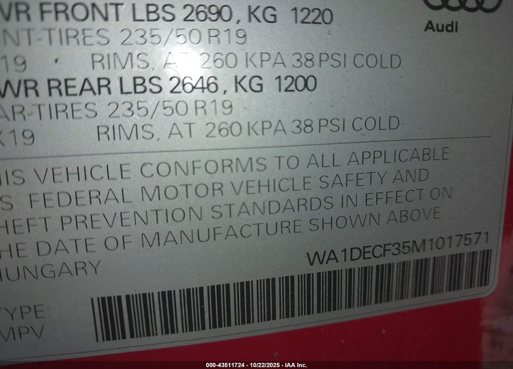 2021 AUDI Q3 PREMIUM 45 TFSI S LINE QUATTRO TIPTRONIC VIN: WA1DECF35M1017571