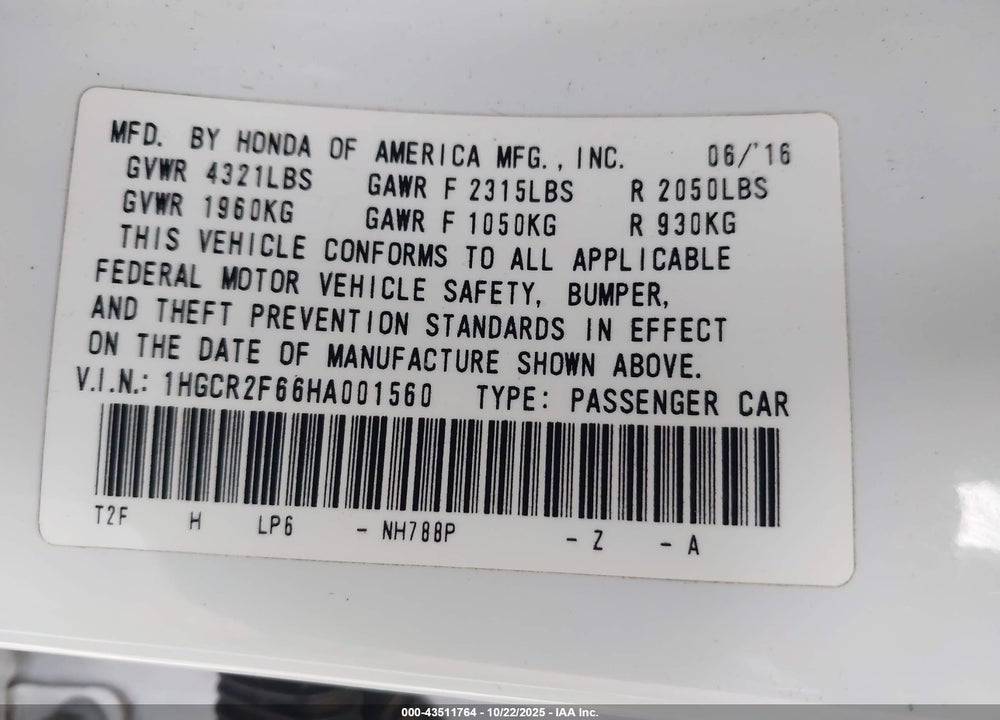 2017 HONDA ACCORD VIN: 1HGCR2F66HA001560