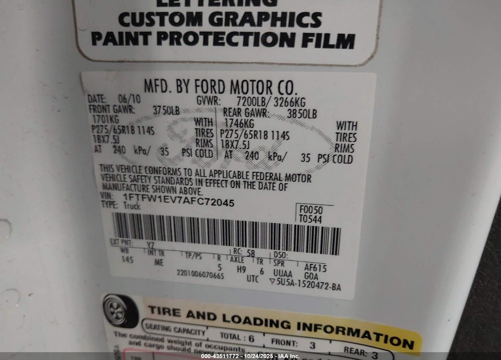 2010 FORD F-150 VIN: 1FTFW1EV7AFC72045