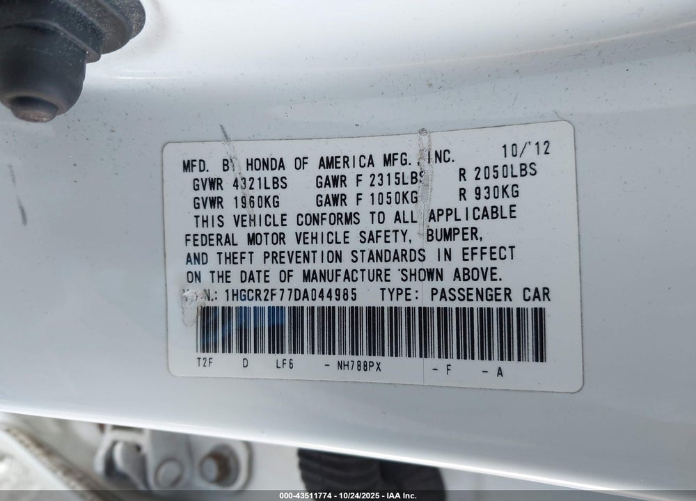 2013 HONDA ACCORD VIN: 1HGCR2F77DA044985