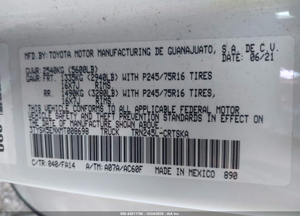 2021 TOYOTA TACOMA SR VIN: 3TYSX5ENXMT008698