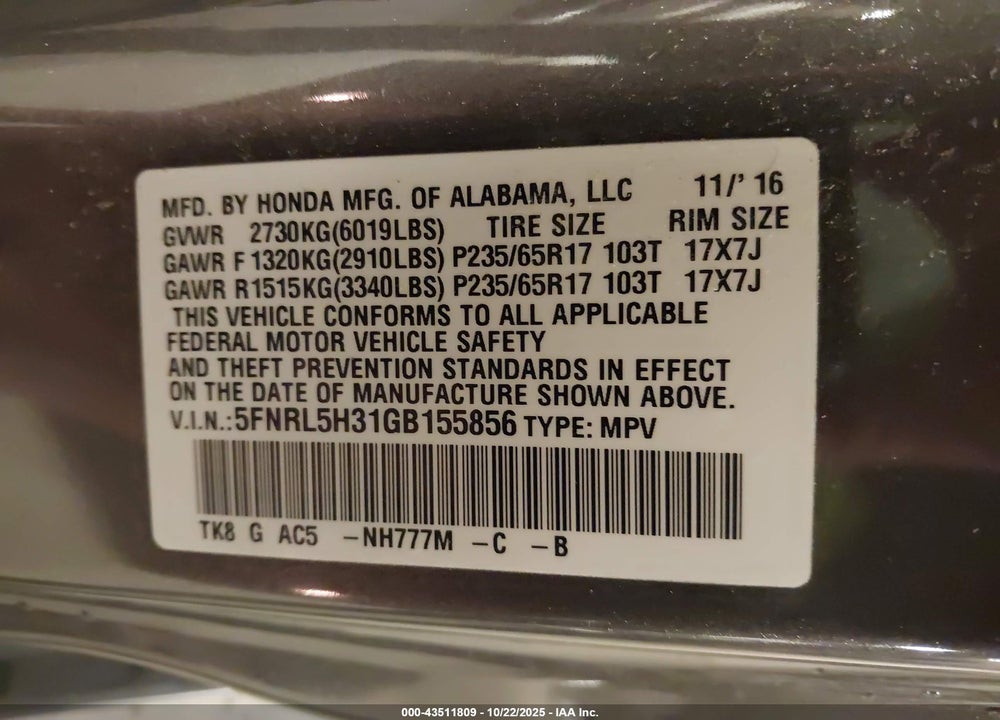2016 HONDA ODYSSEY SE VIN: 5FNRL5H31GB155856