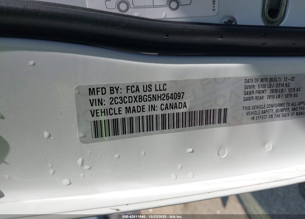 2022 DODGE CHARGER SXT RWD VIN: 2C3CDXBG5NH264097