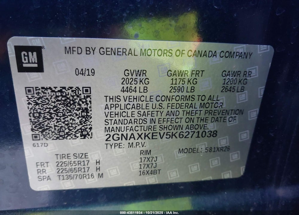 2019 CHEVROLET EQUINOX LT VIN: 2GNAXKEV5K6271038