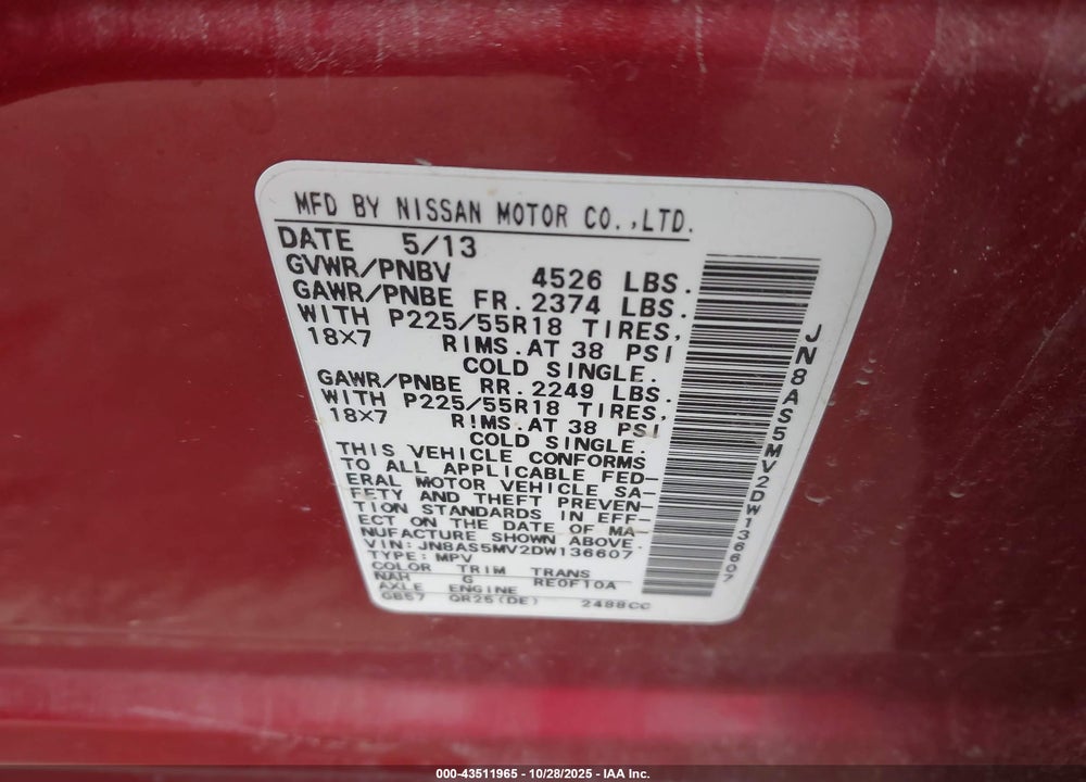 2013 NISSAN ROGUE VIN: JN8AS5MV2DW136607