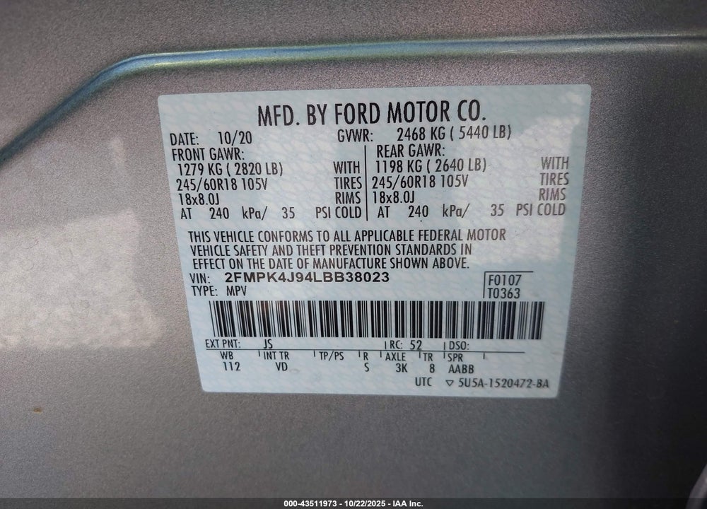 2020 FORD EDGE SEL VIN: 2FMPK4J94LBB38023