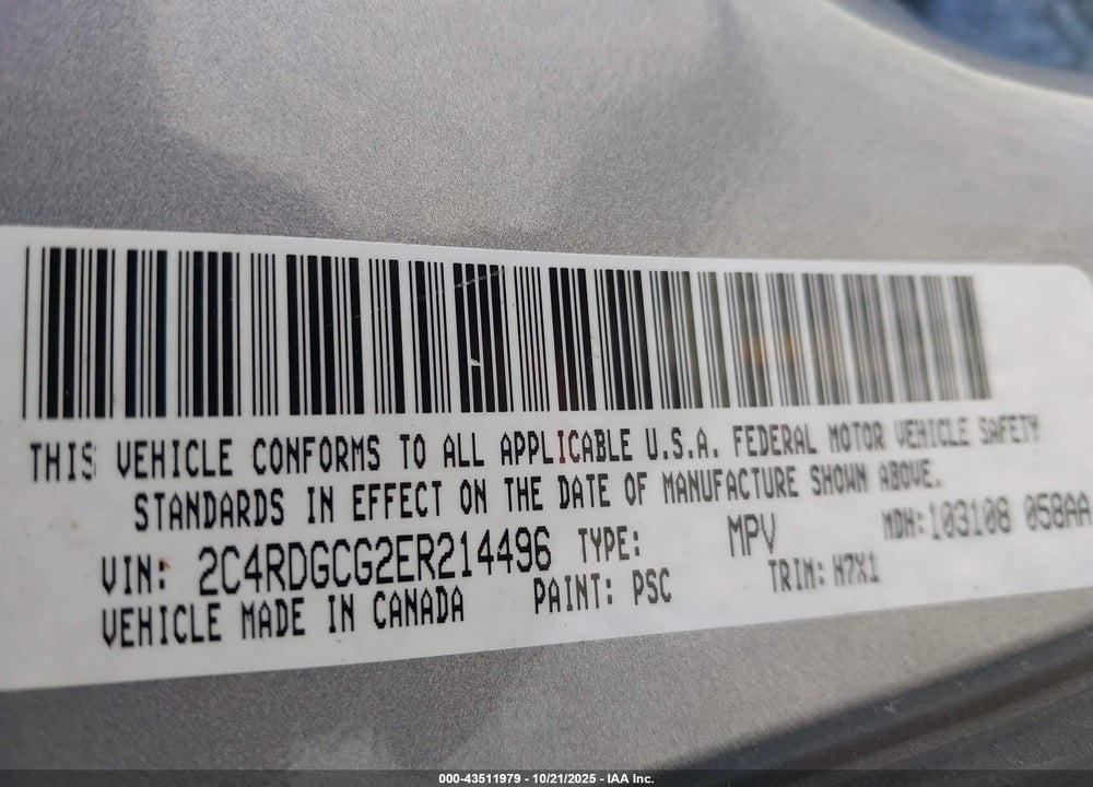 2014 DODGE GRAND CARAVAN VIN: 2C4RDGCG2ER214496