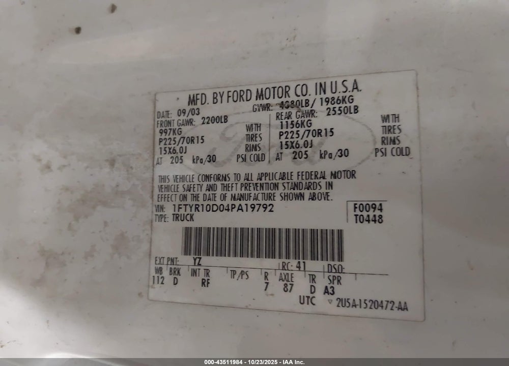 2004 FORD RANGER XL/XLT VIN: 1FTYR10D04PA19792