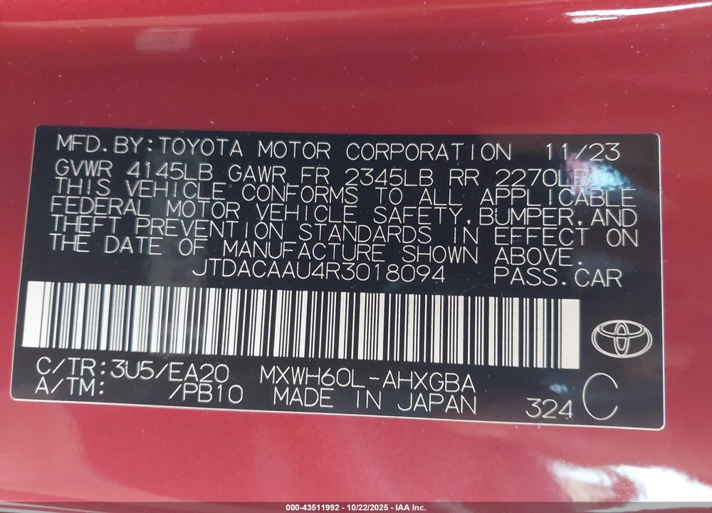 2024 TOYOTA PRIUS XLE VIN: JTDACAAU4R3018094