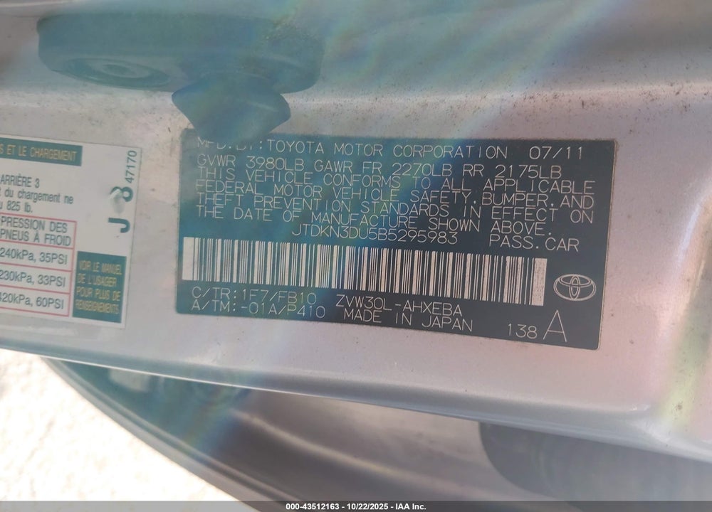 2011 TOYOTA PRIUS TWO VIN: JTDKN3DU5B5295983
