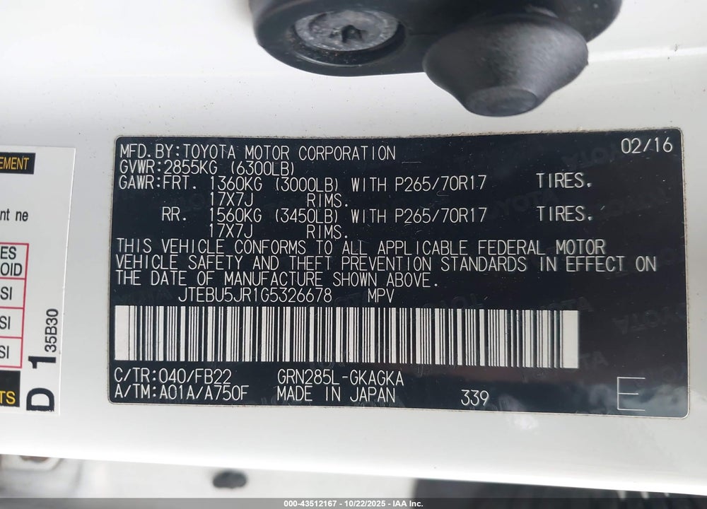 2016 TOYOTA 4RUNNER SR5 VIN: JTEBU5JR1G5326678
