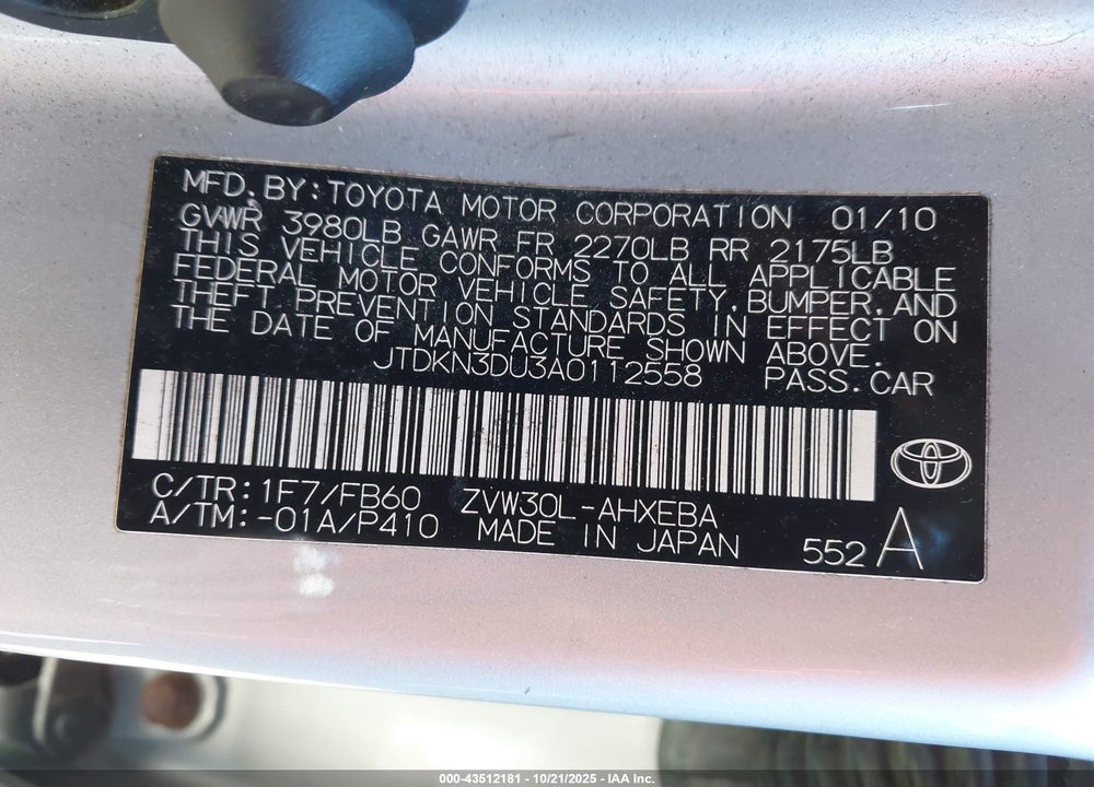 2010 TOYOTA PRIUS VIN: JTDKN3DU3A0112558